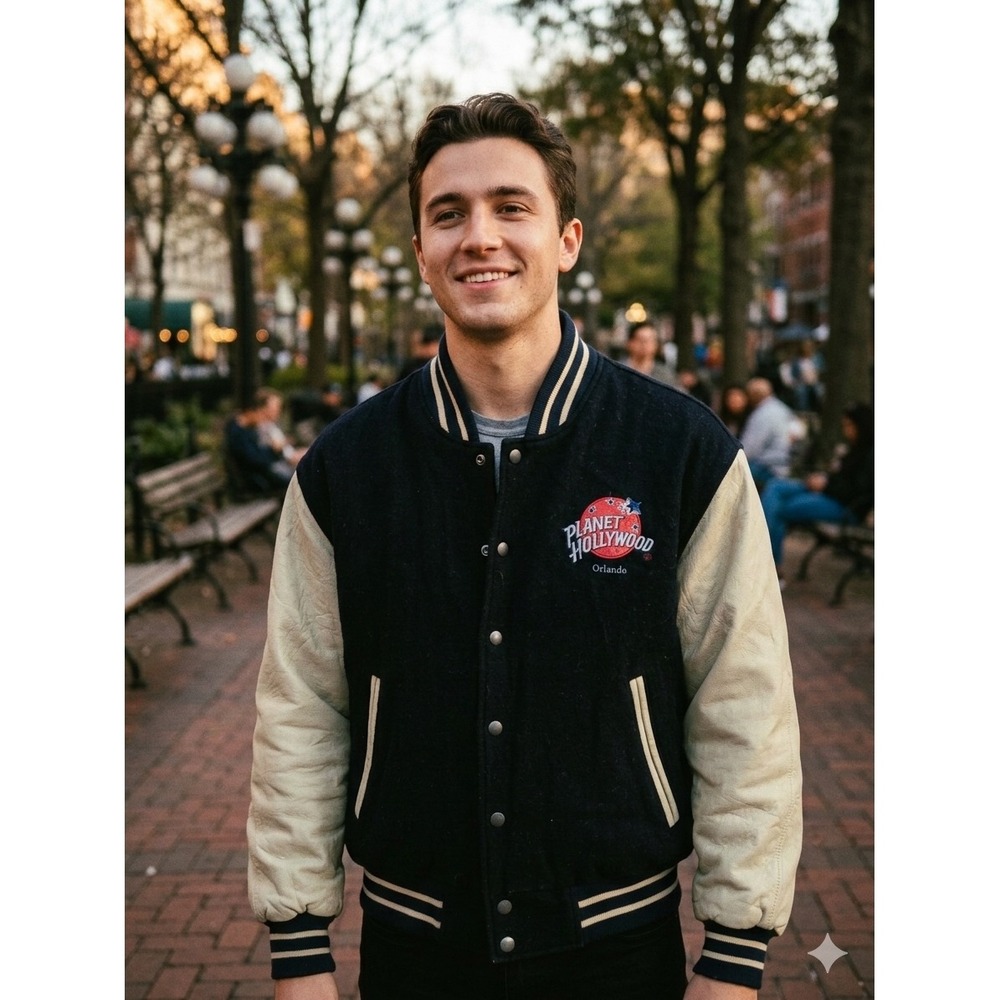 Planet Hollywood‎ Orlando Vintage Varsity Jacket Navy Wool Cream Leather Sleeves